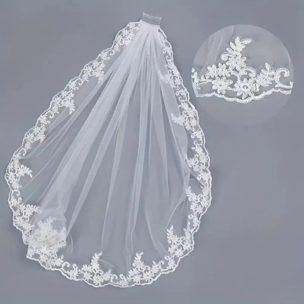 Embroidered Lace and Gems Edge Fingertip Bridal Wedding Veil White With Comb